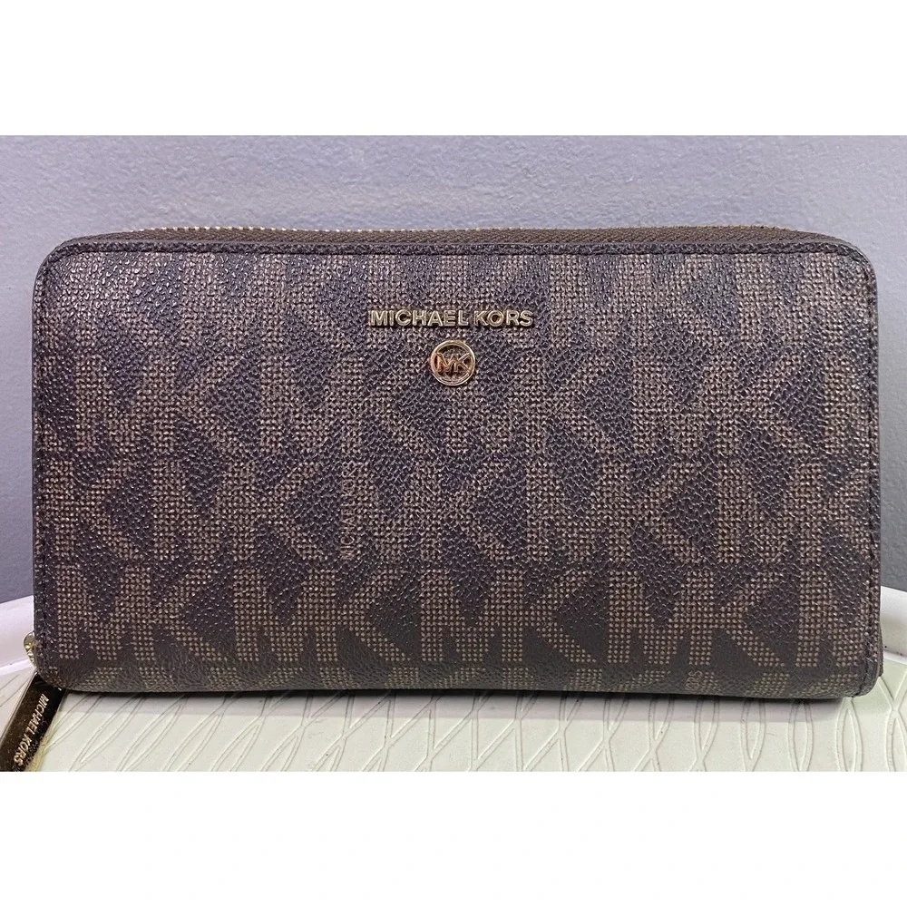 Michael Kors Womens Signature Logo print Canvas Large Wallet- Clutch Brown 4